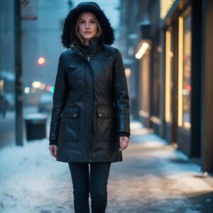 Danier Leather Hooded Parka Coat Large | Removable Fur Trim Zip Hood Jacket blac